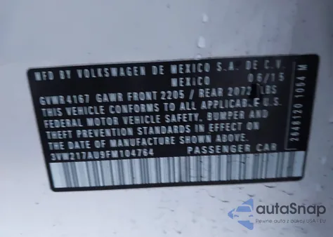 2015 Volkswagen Golf Tsi S 4-Door из США, поврежденный, VIN 3VW217AU9FM104764